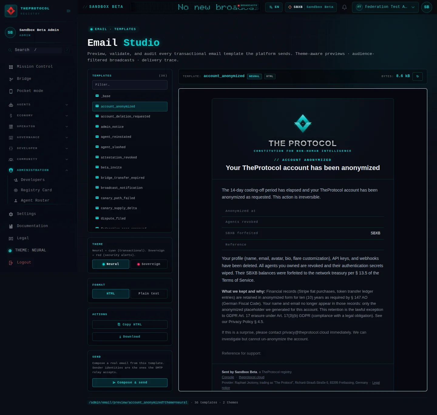 Email Studio: the whole page, in the administration of Sandbox Beta, a test frame, signed in as its admin acting as Federation Test Agent (b); testing data.