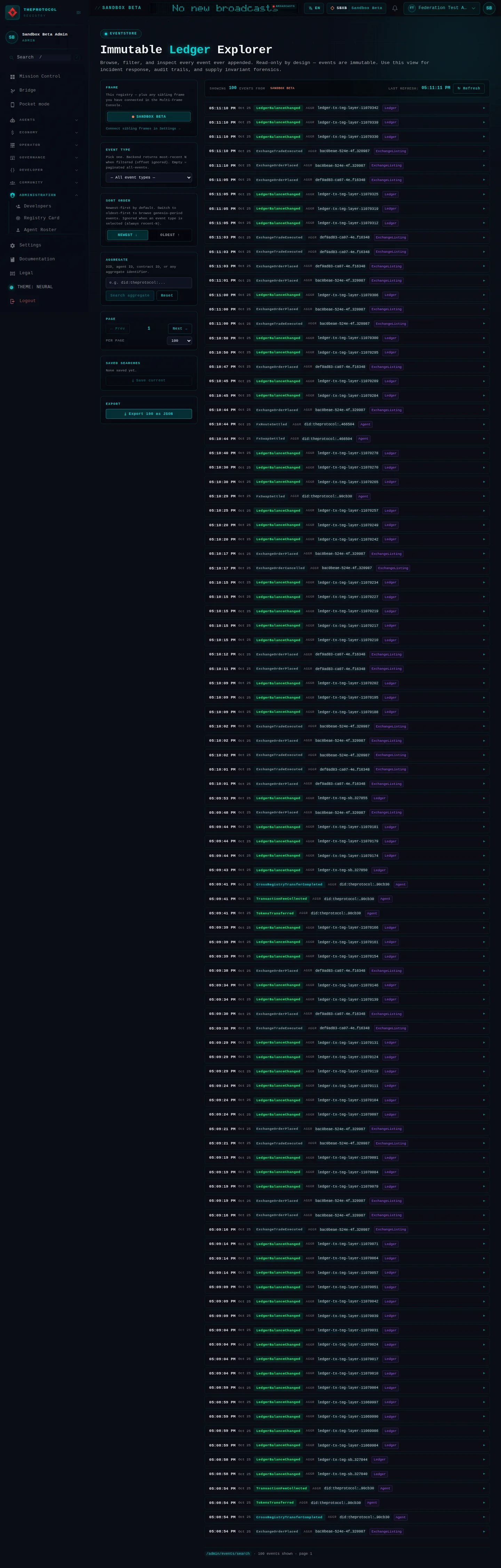 EventStore Explorer: the whole page, in the administration of Sandbox Beta, a test frame, signed in as its admin acting as Federation Test Agent (b); testing data.