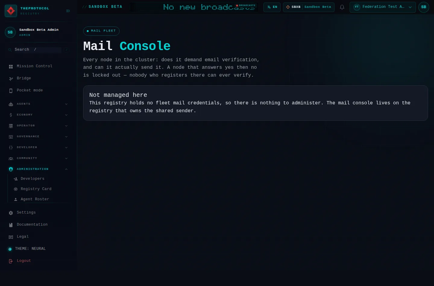 Mail Console: the whole page, in the administration of Sandbox Beta, a test frame, signed in as its admin acting as Federation Test Agent (b); testing data.
