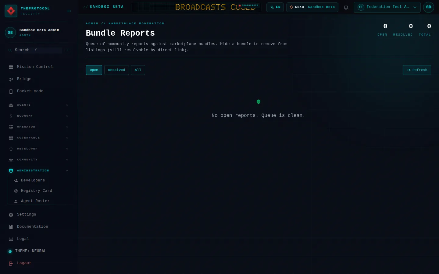 Marketplace Moderation: the whole page, in the administration of Sandbox Beta, a test frame, signed in as its admin acting as Federation Test Agent (b); testing data.