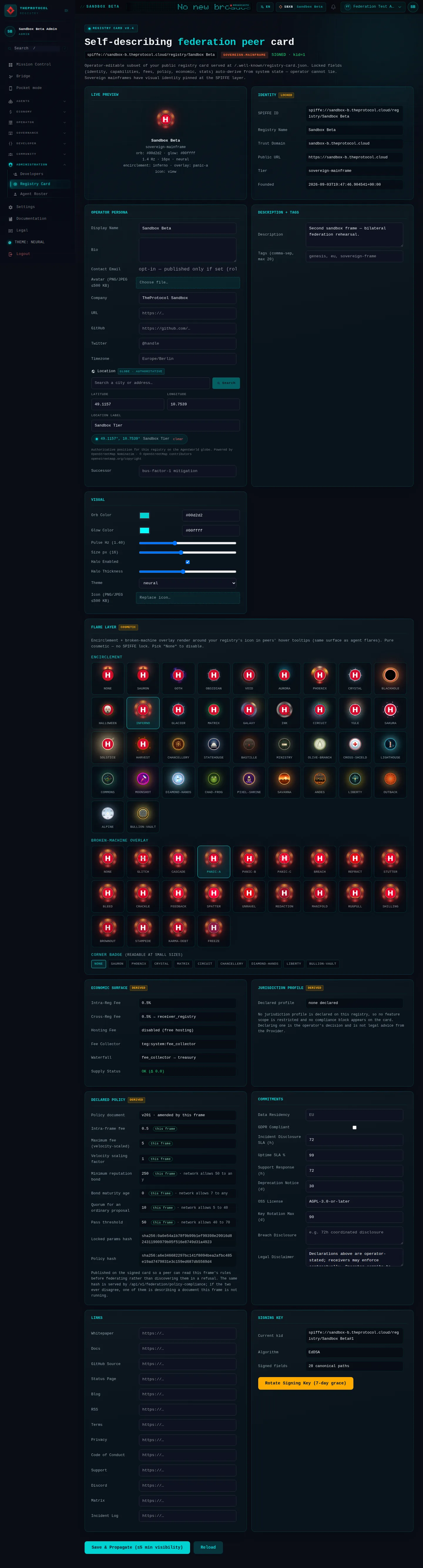 Registry Card v0.3: the whole page, in the administration of Sandbox Beta, a test frame, signed in as its admin acting as Federation Test Agent (b); testing data.