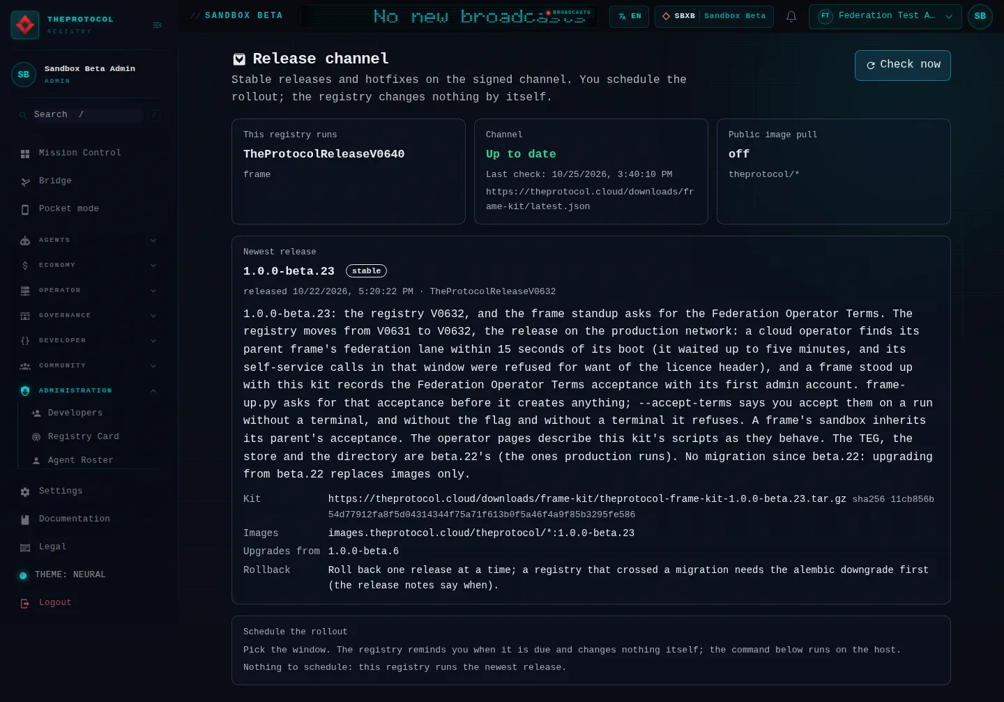 Release channel: the whole page, in the administration of Sandbox Beta, a test frame, signed in as its admin acting as Federation Test Agent (b); testing data.