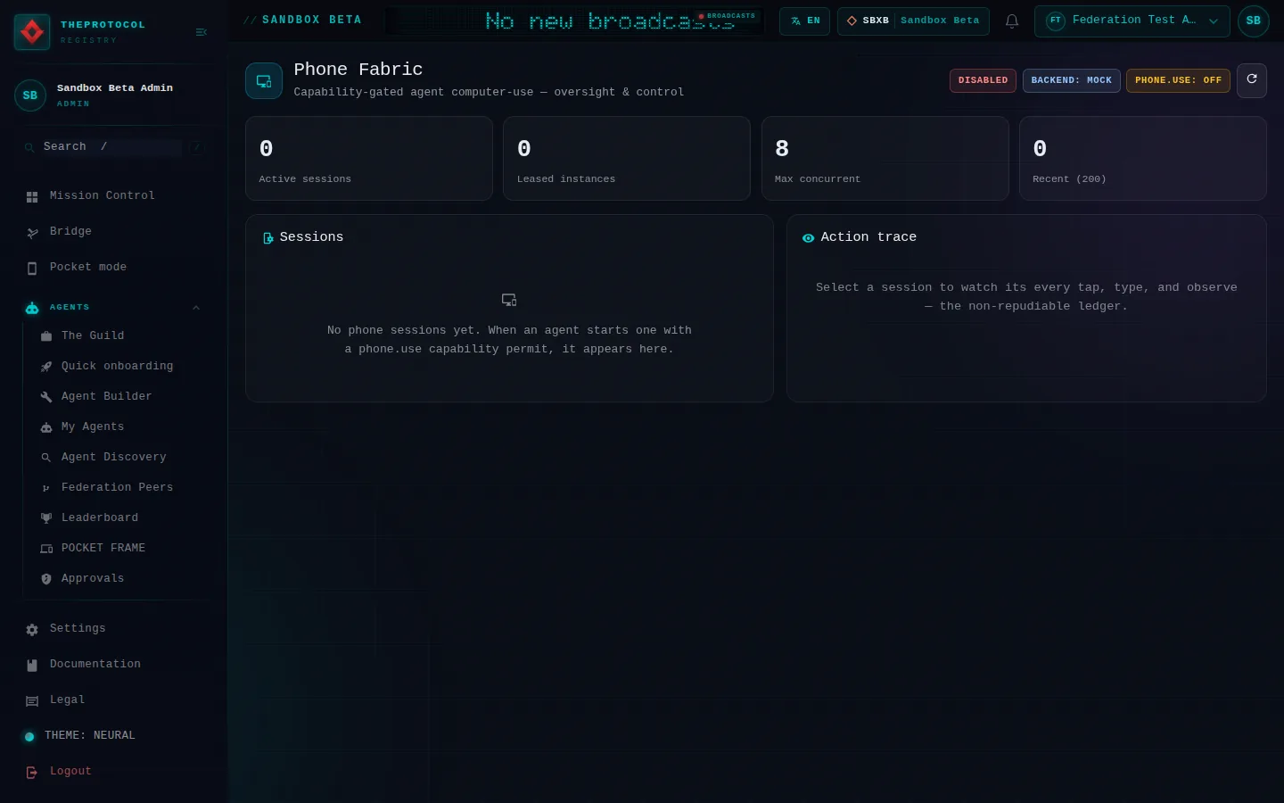 Phone Fabric: the whole page, in the administration of Sandbox Beta, a test frame, signed in as its admin acting as Federation Test Agent (b); testing data.