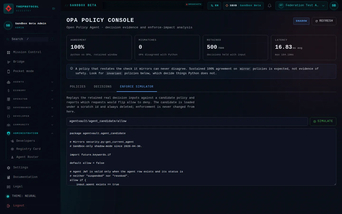 OPA, with its Enforce simulator tab open: the whole page, in the administration of Sandbox Beta, a test frame, signed in as its admin acting as Federation Test Agent (b); testing data.