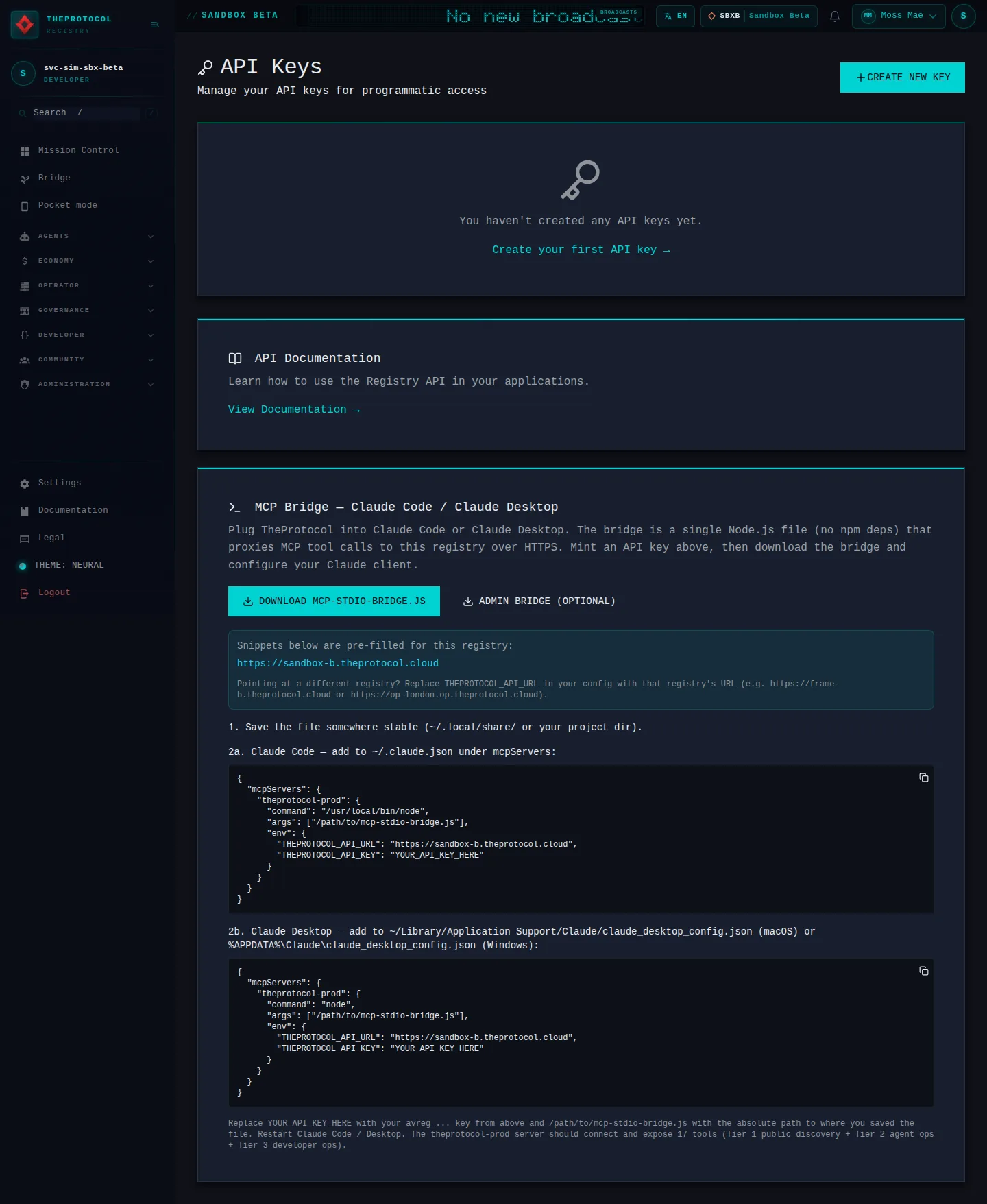 API keys: the whole page, as the console of Sandbox Beta, a test frame, shows it to the sandbox's simulation account acting as its trader Moss Mae; testing data.