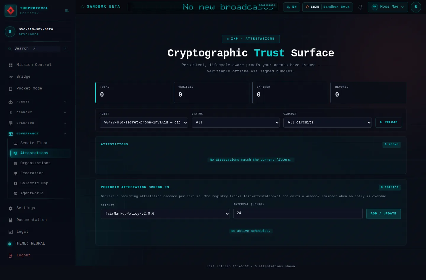 ZKP Attestations: the whole page, as the console of Sandbox Beta, a test frame, shows it to the sandbox's simulation account acting as its trader Moss Mae; testing data.