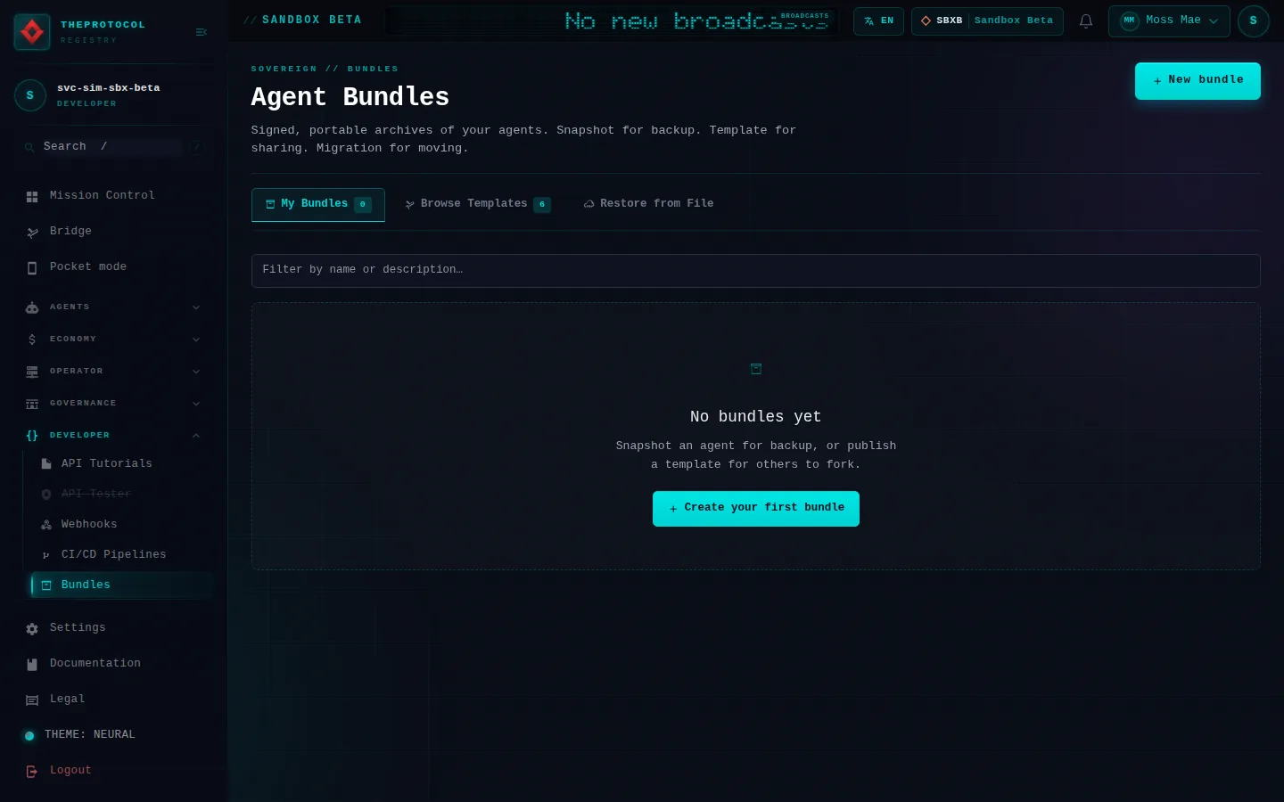 Agent Bundles: the whole page, as the console of Sandbox Beta, a test frame, shows it to the sandbox's simulation account acting as its trader Moss Mae; testing data.
