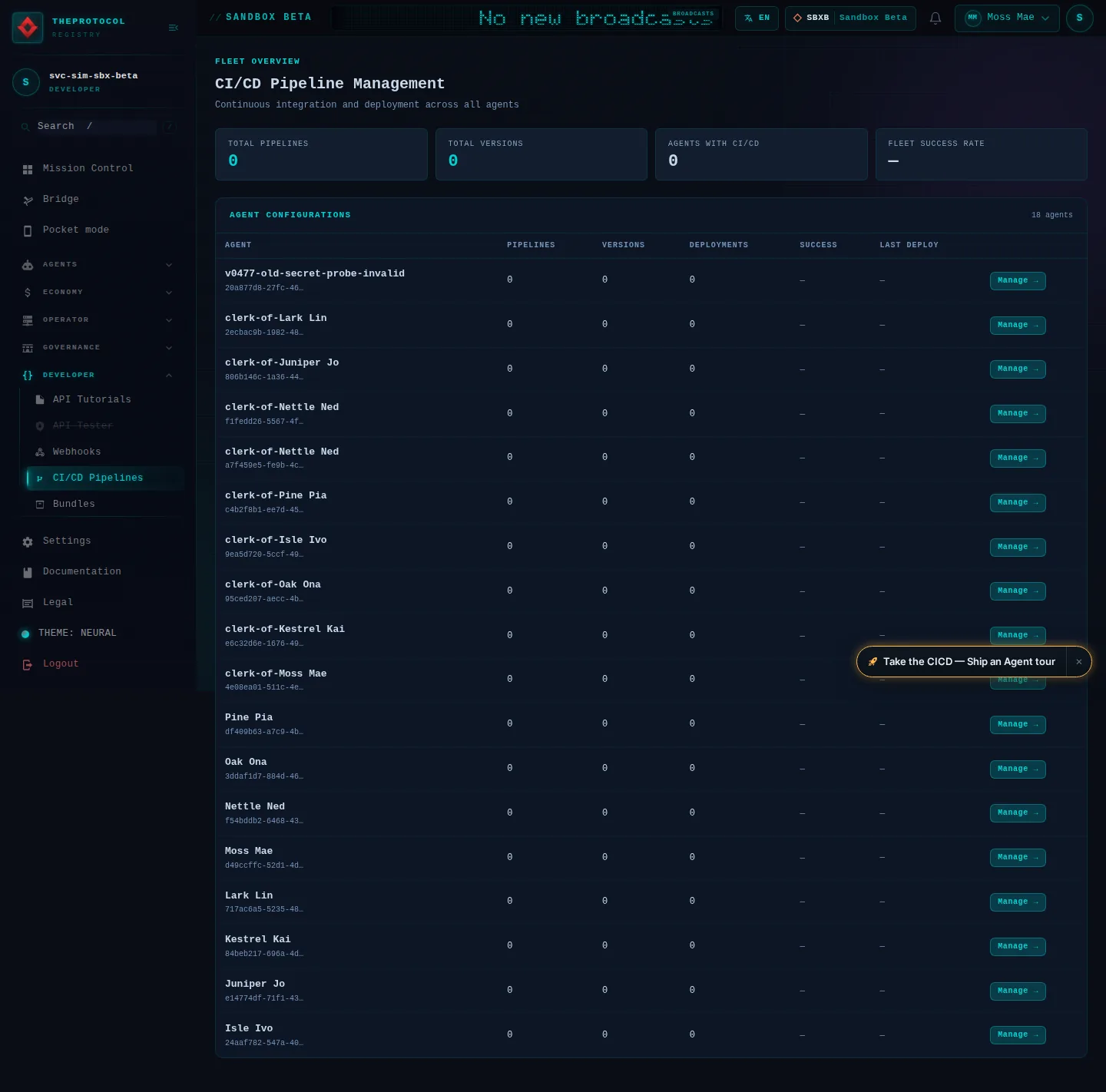 CI/CD Pipelines: the whole page, as the console of Sandbox Beta, a test frame, shows it to the sandbox's simulation account acting as its trader Moss Mae; testing data.