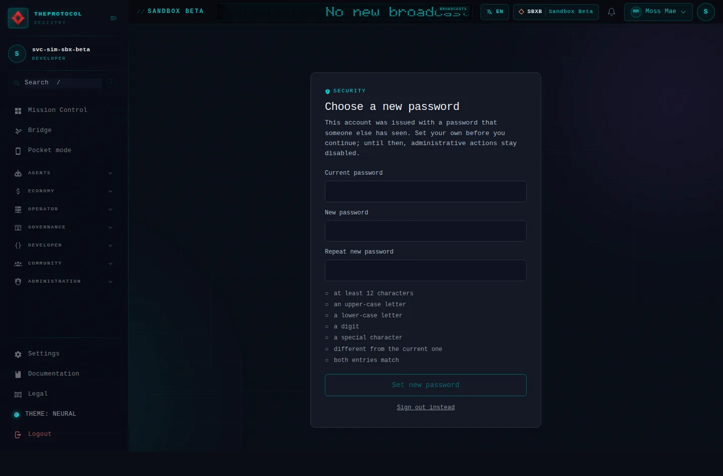 Force password change: the whole page, as the console of Sandbox Beta, a test frame, shows it to the sandbox's simulation account acting as its trader Moss Mae; testing data.