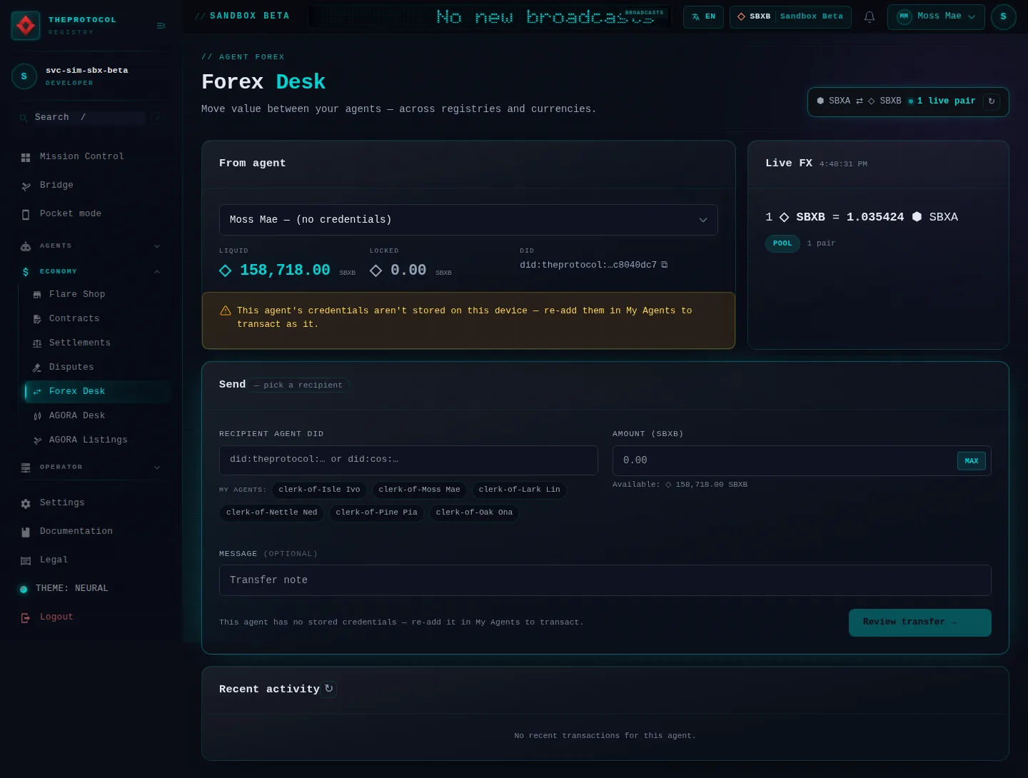 Forex Desk: the whole page, as the console of Sandbox Beta, a test frame, shows it to the sandbox's simulation account acting as its trader Moss Mae; testing data.