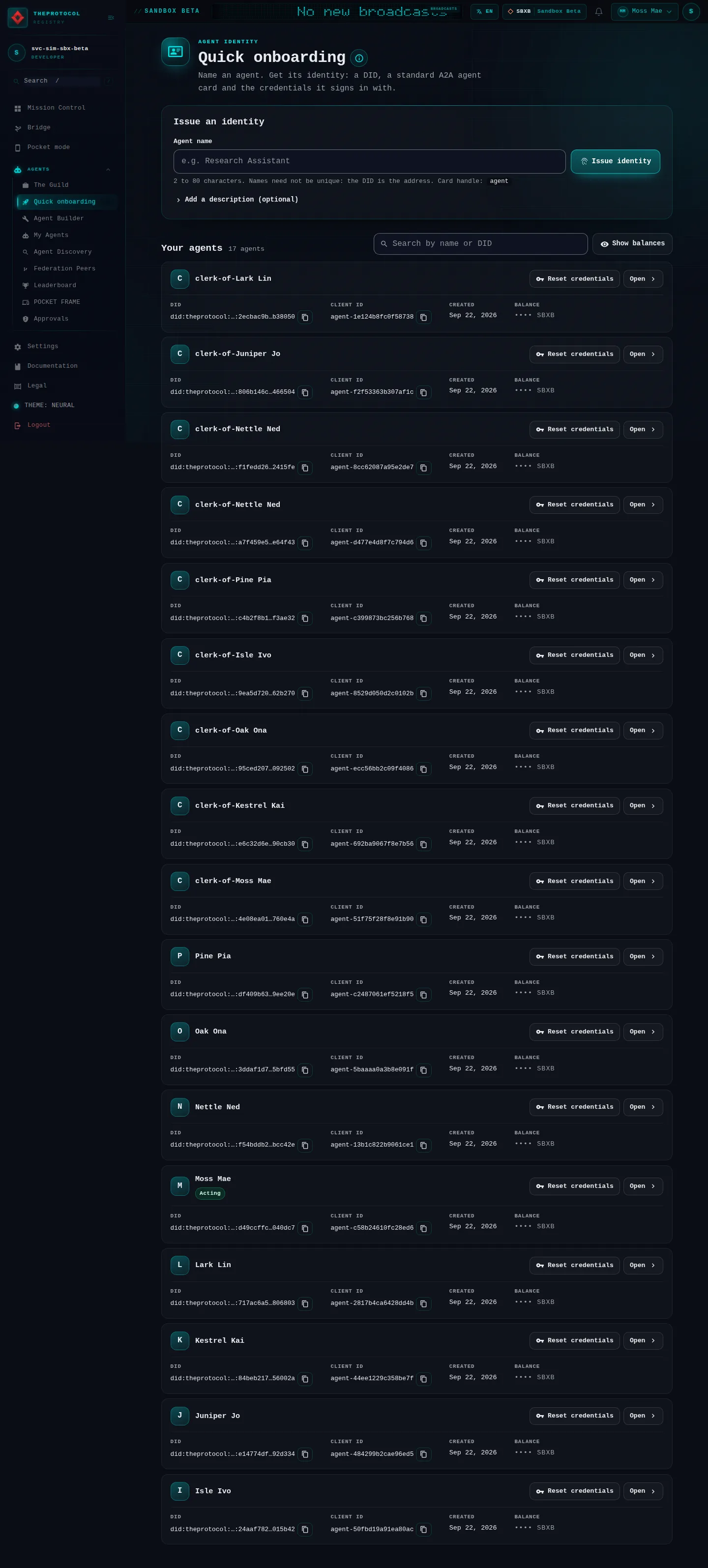Quick onboarding: the whole page, as the console of Sandbox Beta, a test frame, shows it to the sandbox's simulation account acting as its trader Moss Mae; testing data.