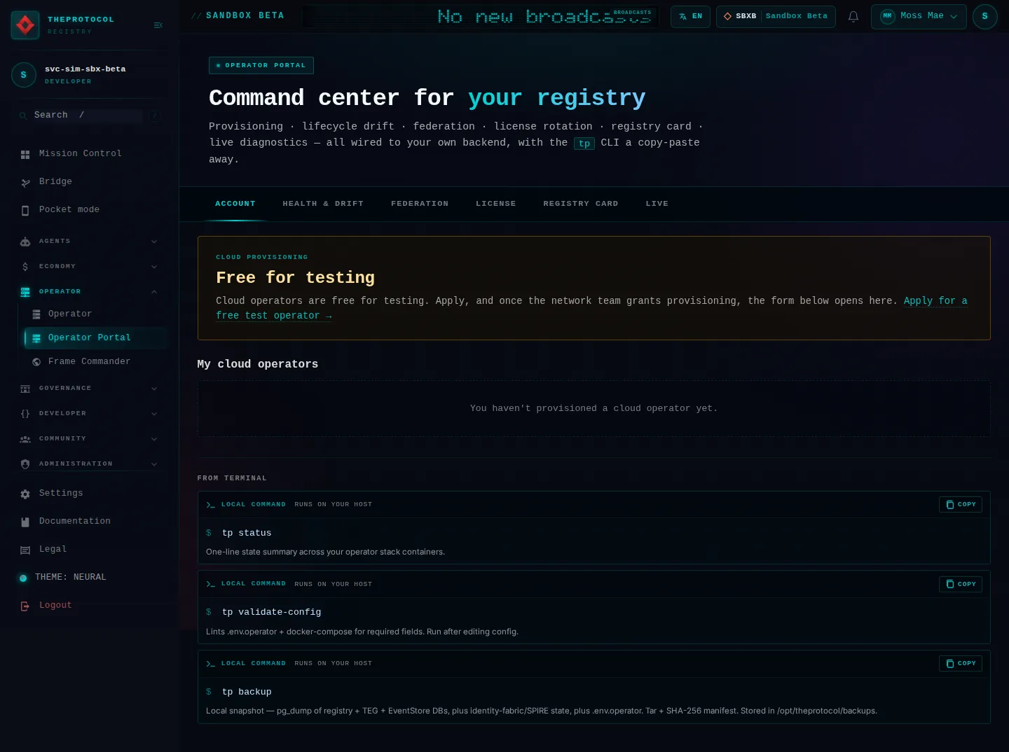 Operator Portal: the whole page, as the console of Sandbox Beta, a test frame, shows it to the sandbox's simulation account acting as its trader Moss Mae; testing data.