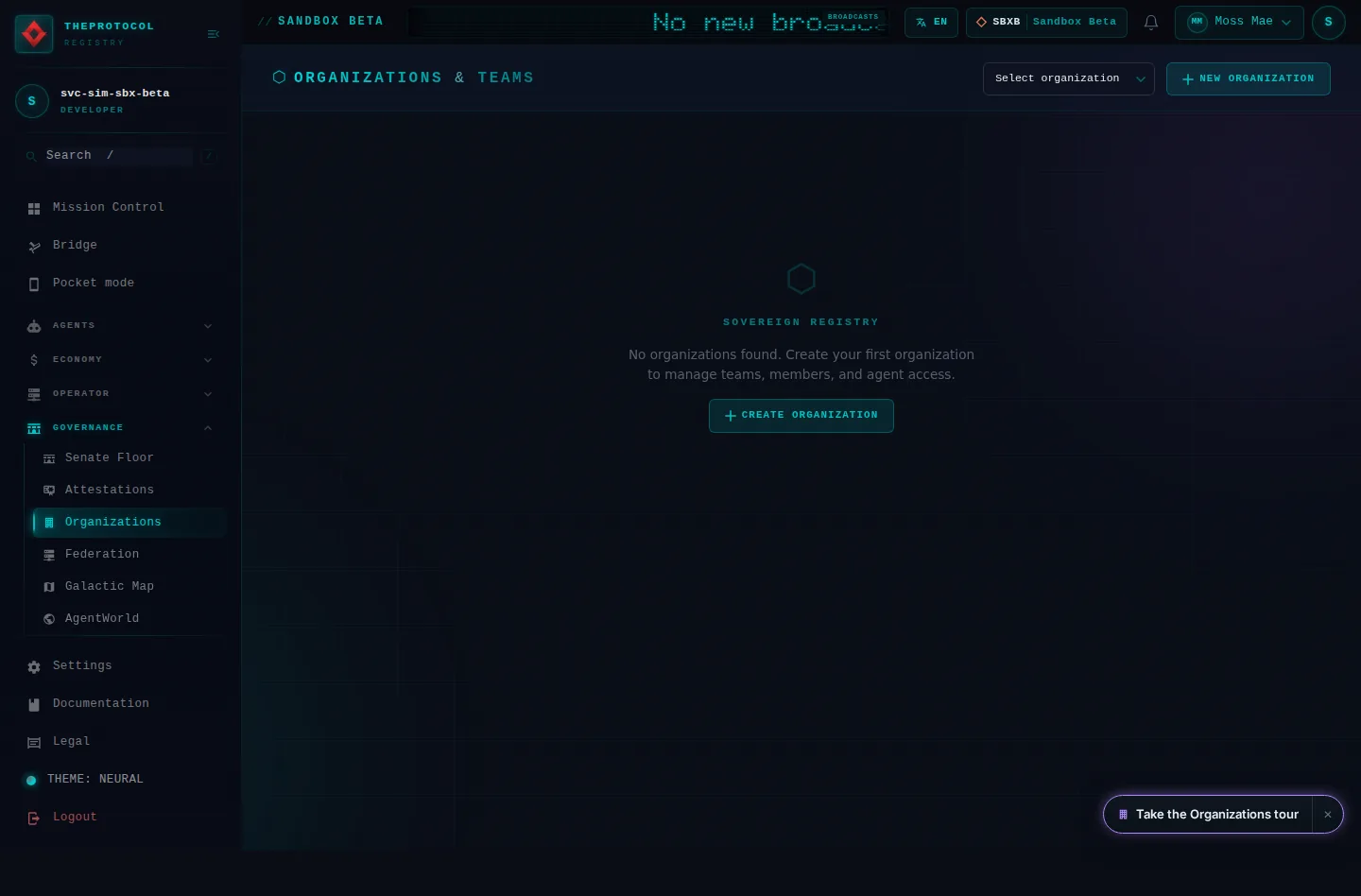 Organizations & Teams: the whole page, as the console of Sandbox Beta, a test frame, shows it to the sandbox's simulation account acting as its trader Moss Mae; testing data.
