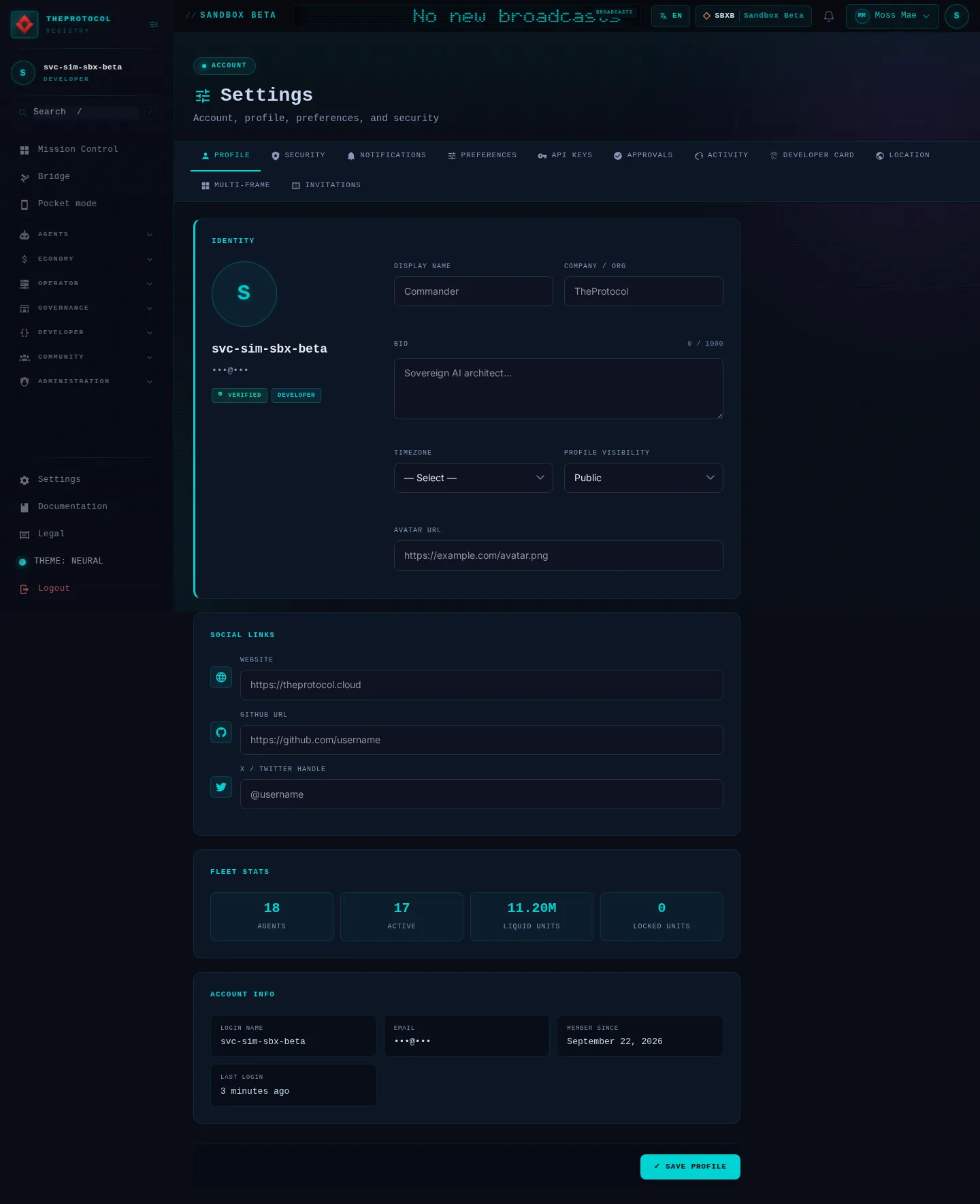 Settings: the whole page, as the console of Sandbox Beta, a test frame, shows it to the sandbox's simulation account acting as its trader Moss Mae; testing data.