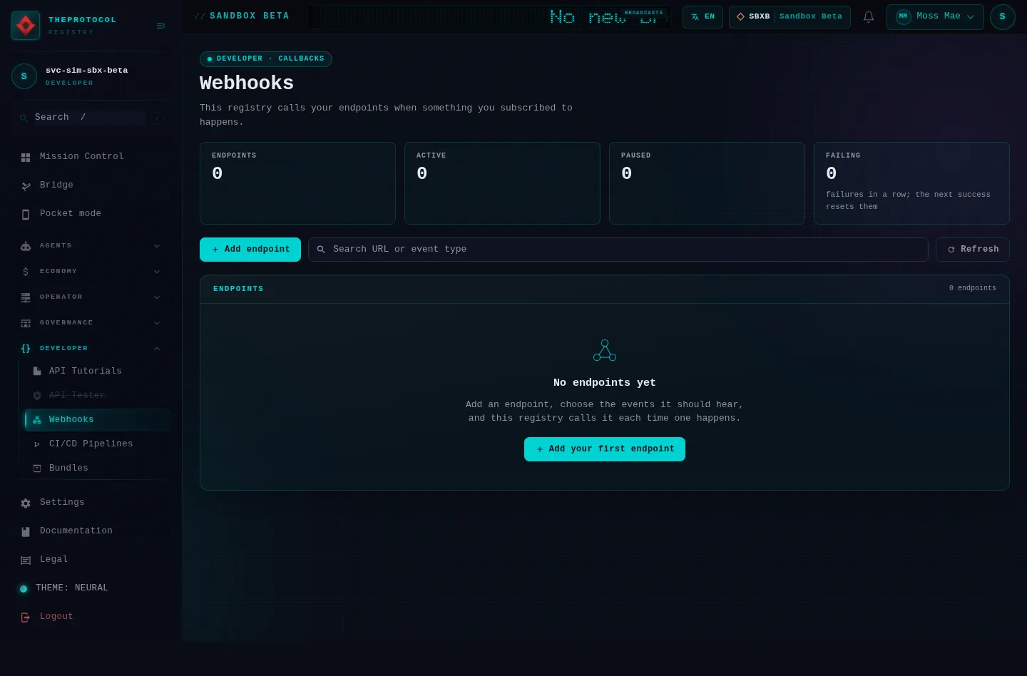 Webhook Management: the whole page, as the console of Sandbox Beta, a test frame, shows it to the sandbox's simulation account acting as its trader Moss Mae; testing data.
