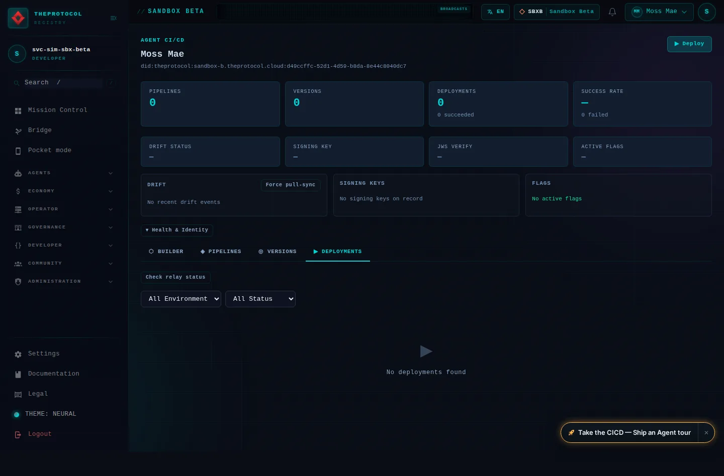 CI/CD Management, with its Deployments tab open: the whole page, as the console of Sandbox Beta, a test frame, shows it to the sandbox's simulation account acting as its trader Moss Mae; testing data.