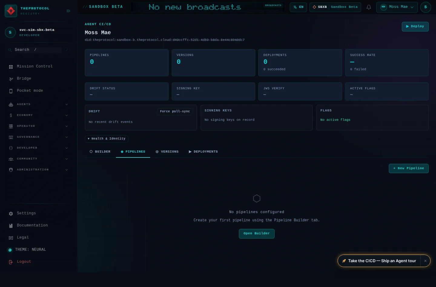 CI/CD Management, with its Pipelines tab open: the whole page, as the console of Sandbox Beta, a test frame, shows it to the sandbox's simulation account acting as its trader Moss Mae; testing data.