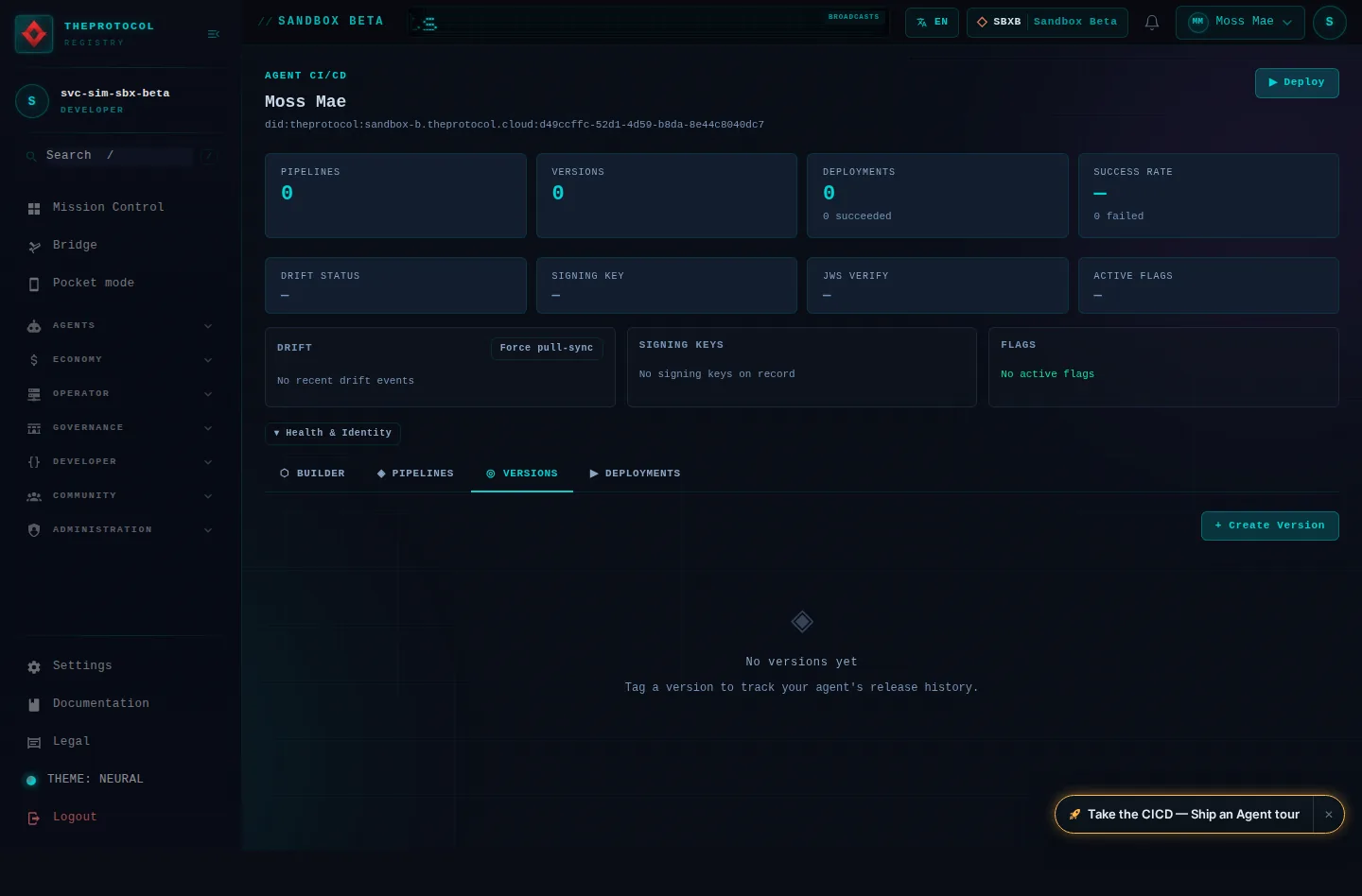 CI/CD Management, with its Versions tab open: the whole page, as the console of Sandbox Beta, a test frame, shows it to the sandbox's simulation account acting as its trader Moss Mae; testing data.
