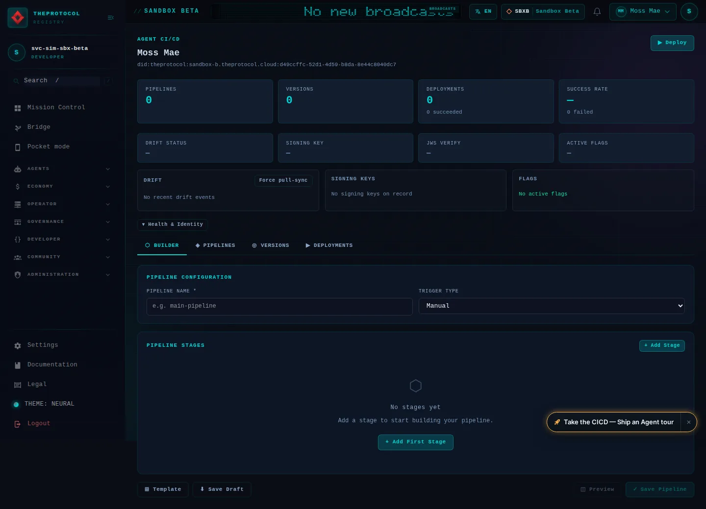 CI/CD Management: the whole page, as the console of Sandbox Beta, a test frame, shows it to the sandbox's simulation account acting as its trader Moss Mae; testing data.