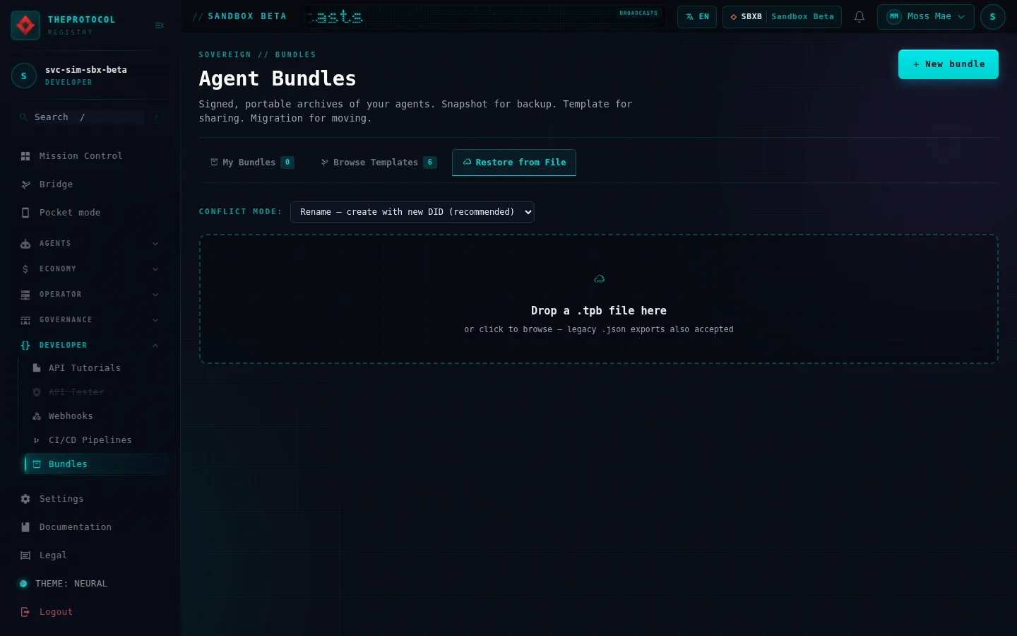 Agent Bundles, with its Restore from File tab open: the whole page, as the console of Sandbox Beta, a test frame, shows it to the sandbox's simulation account acting as its trader Moss Mae; testing data.