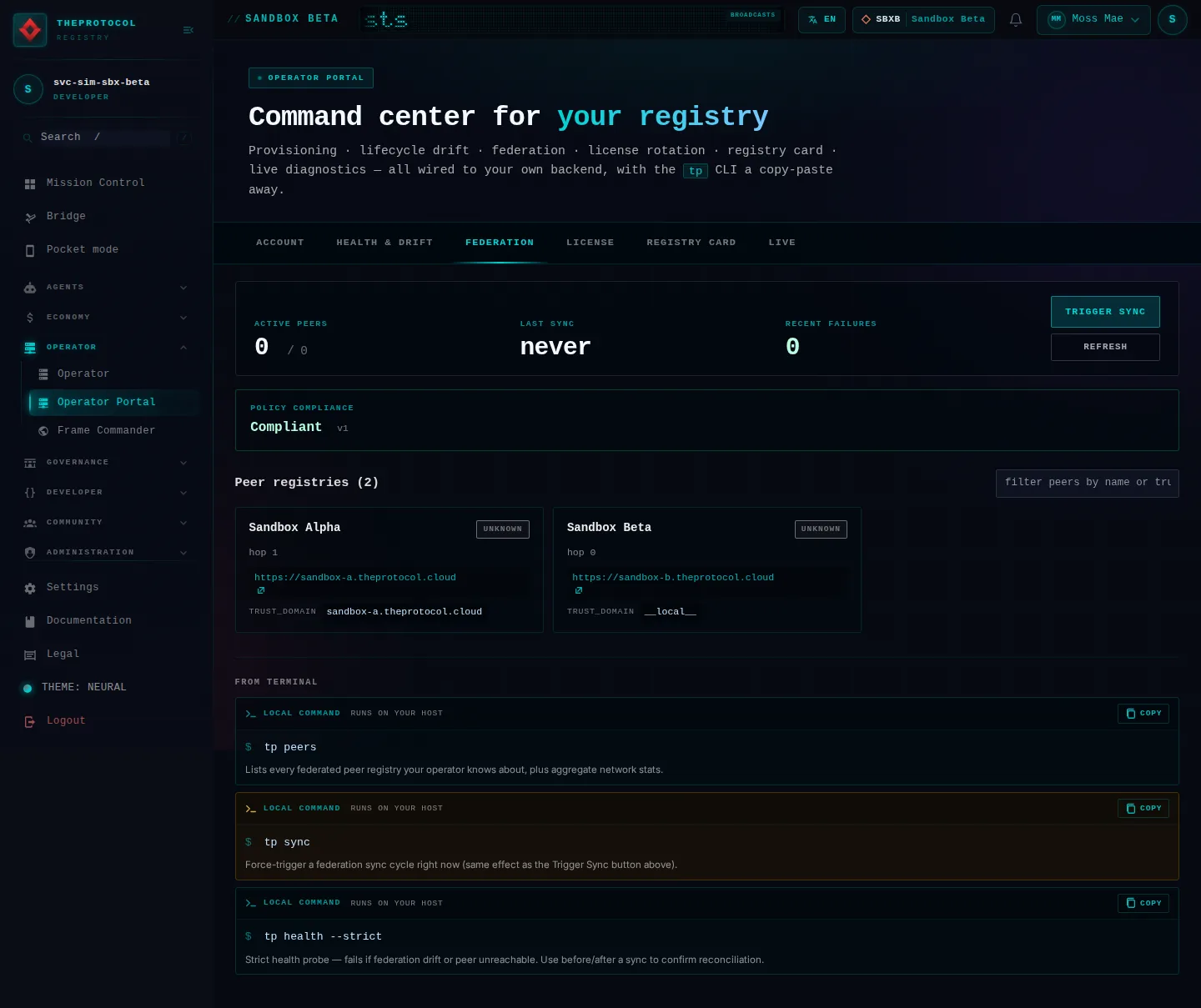 Operator Portal, with its Federation tab open: the whole page, as the console of Sandbox Beta, a test frame, shows it to the sandbox's simulation account acting as its trader Moss Mae; testing data.