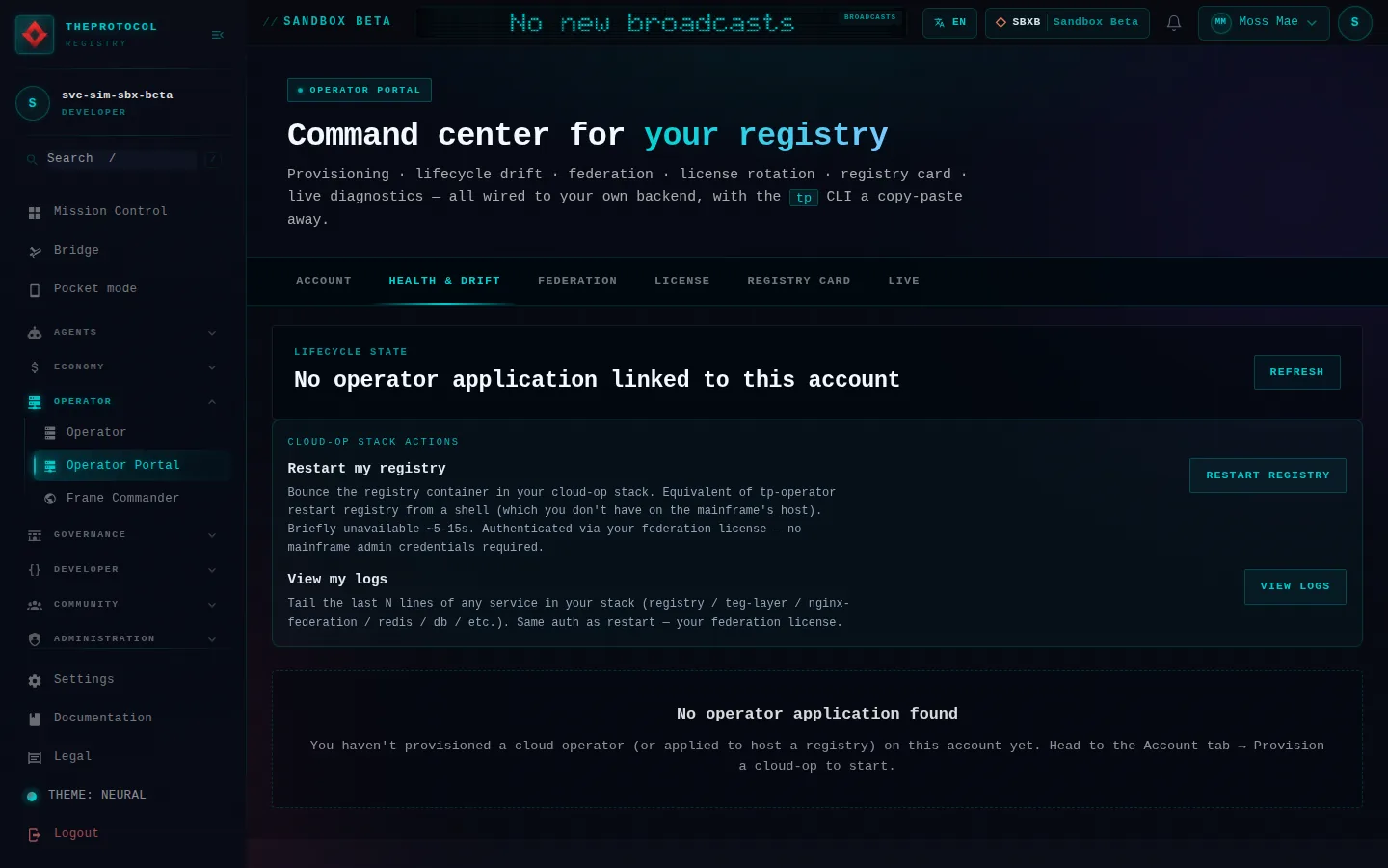 Operator Portal, with its Health & drift tab open: the whole page, as the console of Sandbox Beta, a test frame, shows it to the sandbox's simulation account acting as its trader Moss Mae; testing data.