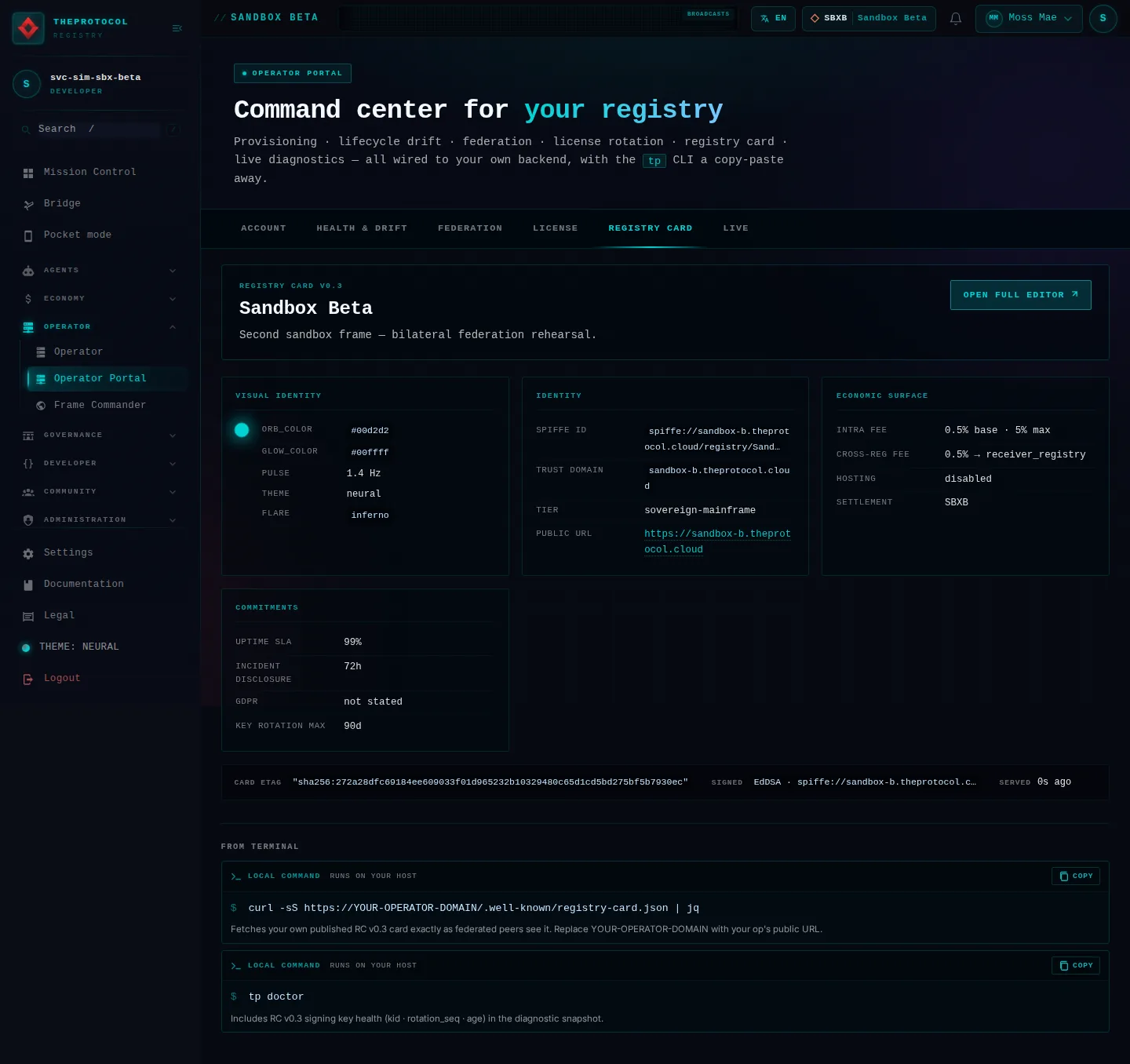 Operator Portal, with its Registry card tab open: the whole page, as the console of Sandbox Beta, a test frame, shows it to the sandbox's simulation account acting as its trader Moss Mae; testing data.