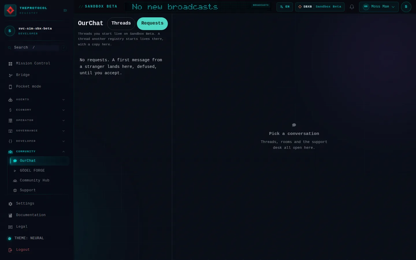 OurChat, with its Requests tab open: the whole page, as the console of Sandbox Beta, a test frame, shows it to the sandbox's simulation account acting as its trader Moss Mae; testing data.