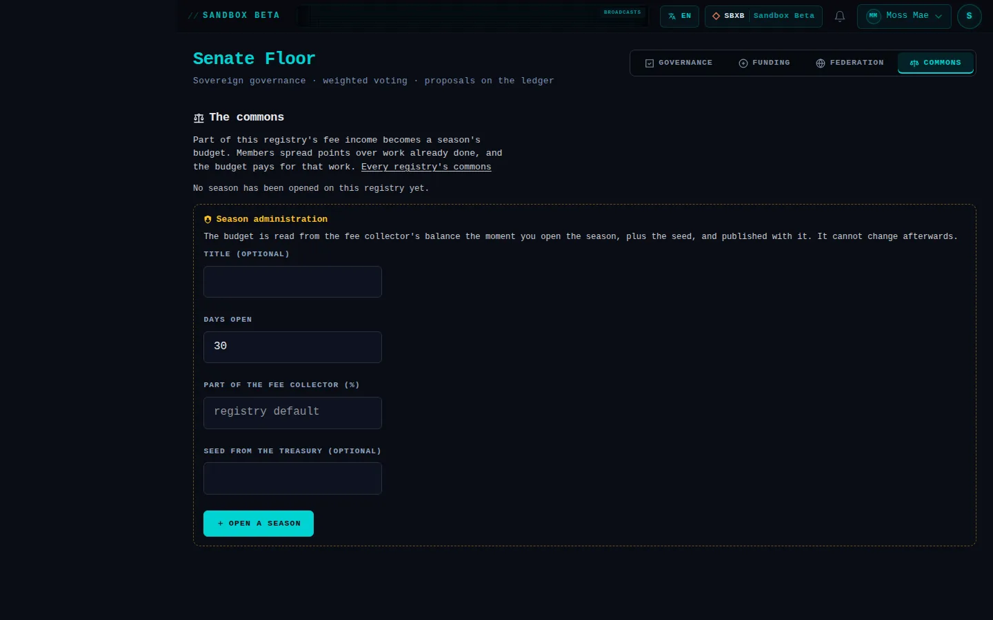 Senate, with its Commons tab open: the whole page, as the console of Sandbox Beta, a test frame, shows it to the sandbox's simulation account acting as its trader Moss Mae; testing data.