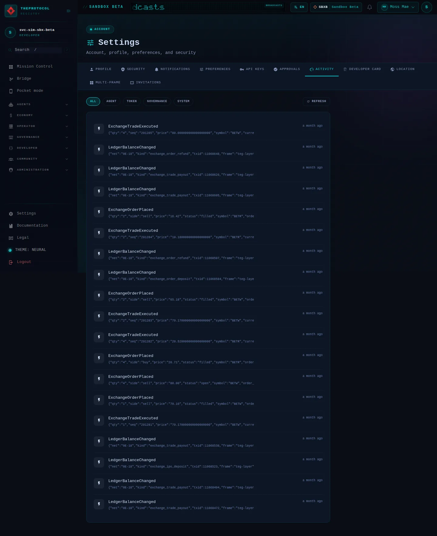 Settings, with its Activity tab open: the whole page, as the console of Sandbox Beta, a test frame, shows it to the sandbox's simulation account acting as its trader Moss Mae; testing data.