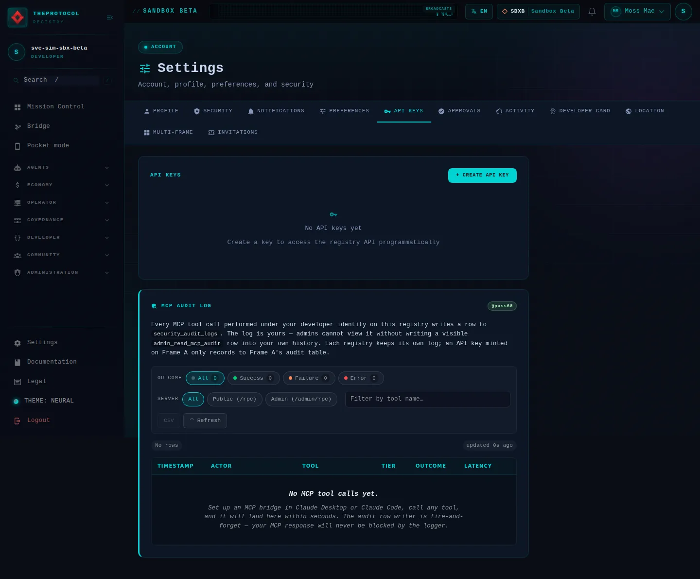 Settings, with its API keys tab open: the whole page, as the console of Sandbox Beta, a test frame, shows it to the sandbox's simulation account acting as its trader Moss Mae; testing data.