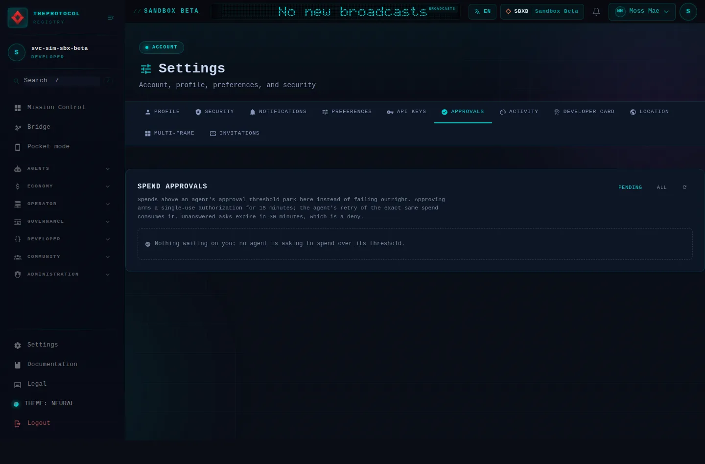 Settings, with its Approvals tab open: the whole page, as the console of Sandbox Beta, a test frame, shows it to the sandbox's simulation account acting as its trader Moss Mae; testing data.