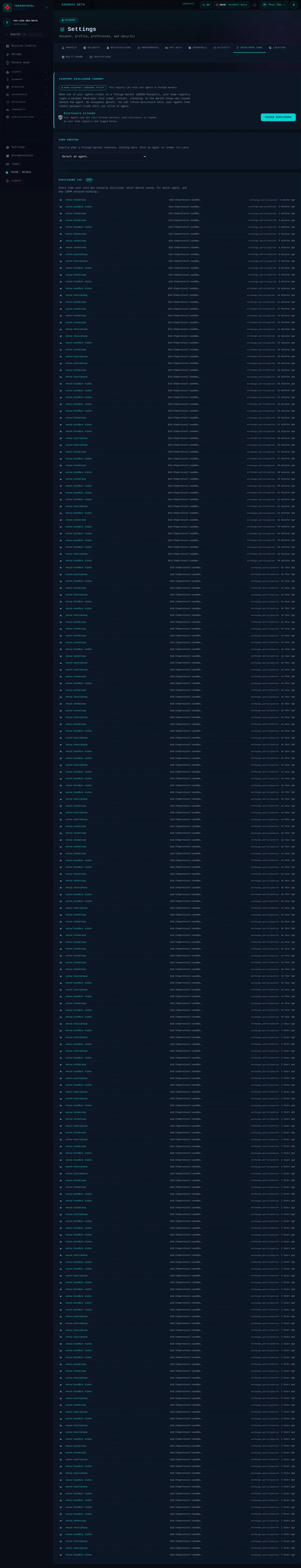 Settings, with its Developer card tab open: the whole page, as the console of Sandbox Beta, a test frame, shows it to the sandbox's simulation account acting as its trader Moss Mae; testing data.