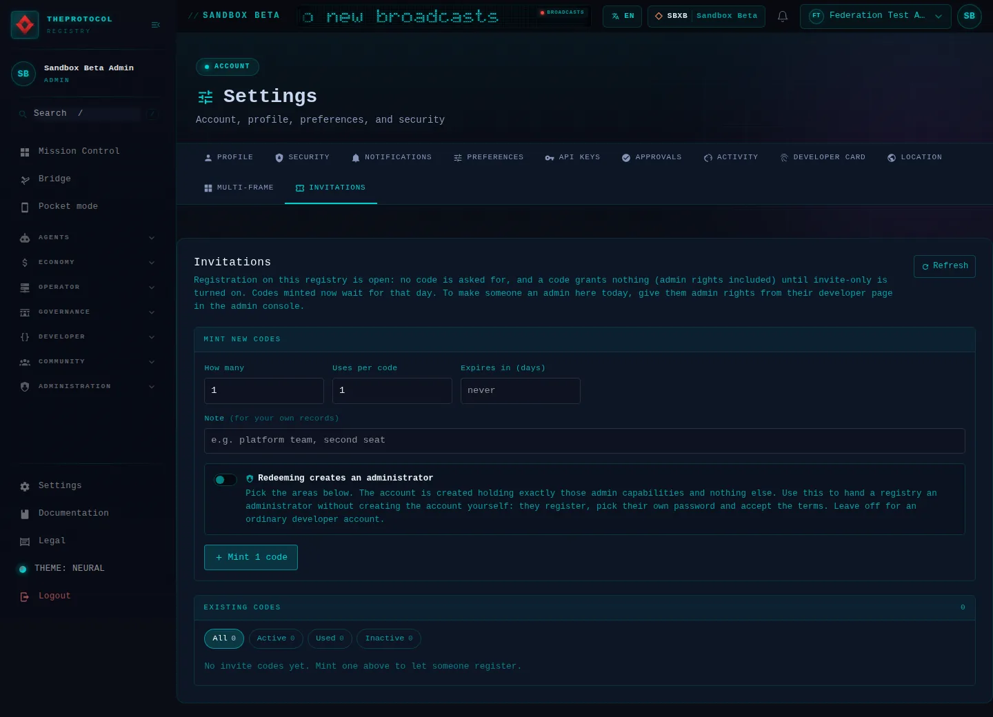 Settings, with its Invitations tab open: the whole page, as the console of Sandbox Beta, a test frame, shows it to its admin acting as Federation Test Agent (b); testing data.