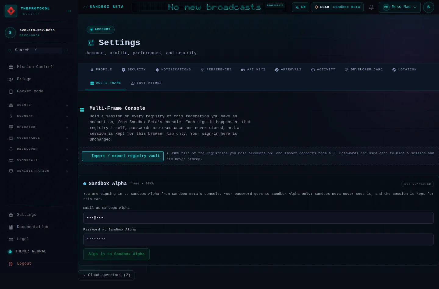 Settings, with its Multi-frame tab open: the whole page, as the console of Sandbox Beta, a test frame, shows it to the sandbox's simulation account acting as its trader Moss Mae; testing data.