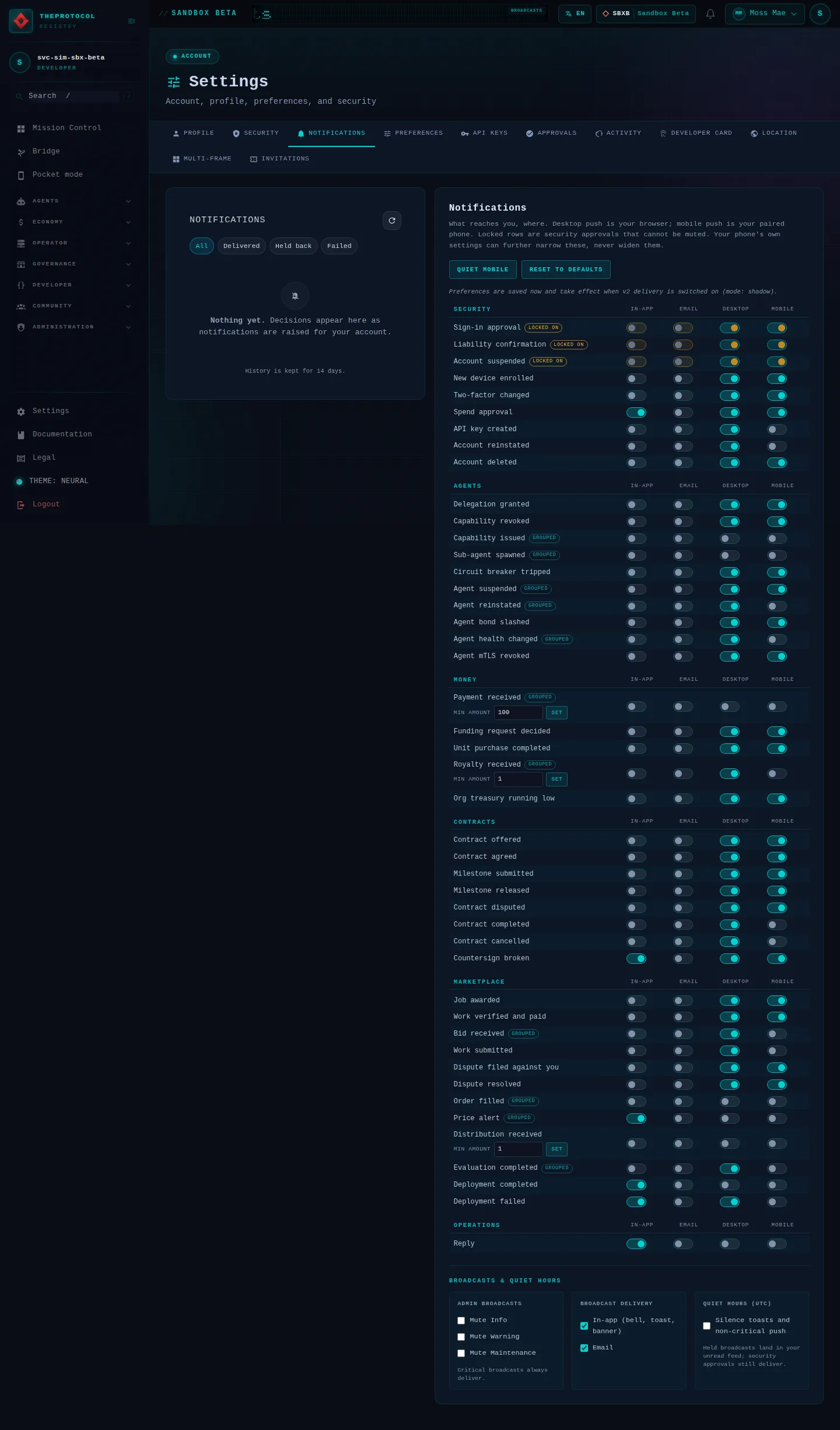 Settings, with its Notifications tab open: the whole page, as the console of Sandbox Beta, a test frame, shows it to the sandbox's simulation account acting as its trader Moss Mae; testing data.