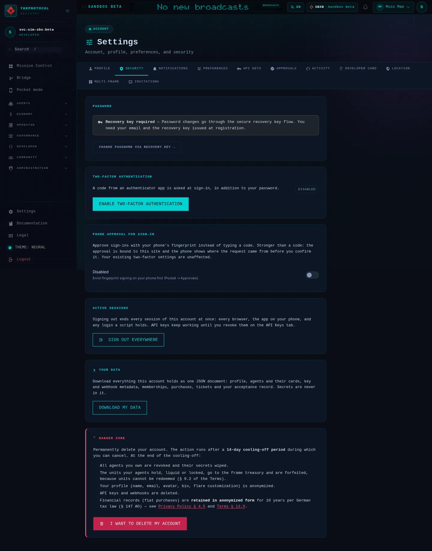 Settings, with its Security tab open: the whole page, as the console of Sandbox Beta, a test frame, shows it to the sandbox's simulation account acting as its trader Moss Mae; testing data.