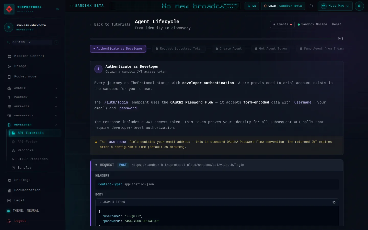 Tutorial: the whole page, as the console of Sandbox Beta, a test frame, shows it to the sandbox's simulation account acting as its trader Moss Mae; testing data.