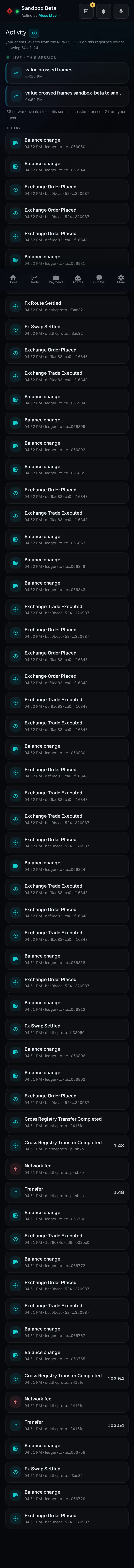 Pocket, Activity: the whole page, in Pocket on a phone, acting as the trader Moss Mae on Sandbox Beta, a test frame; testing data.
