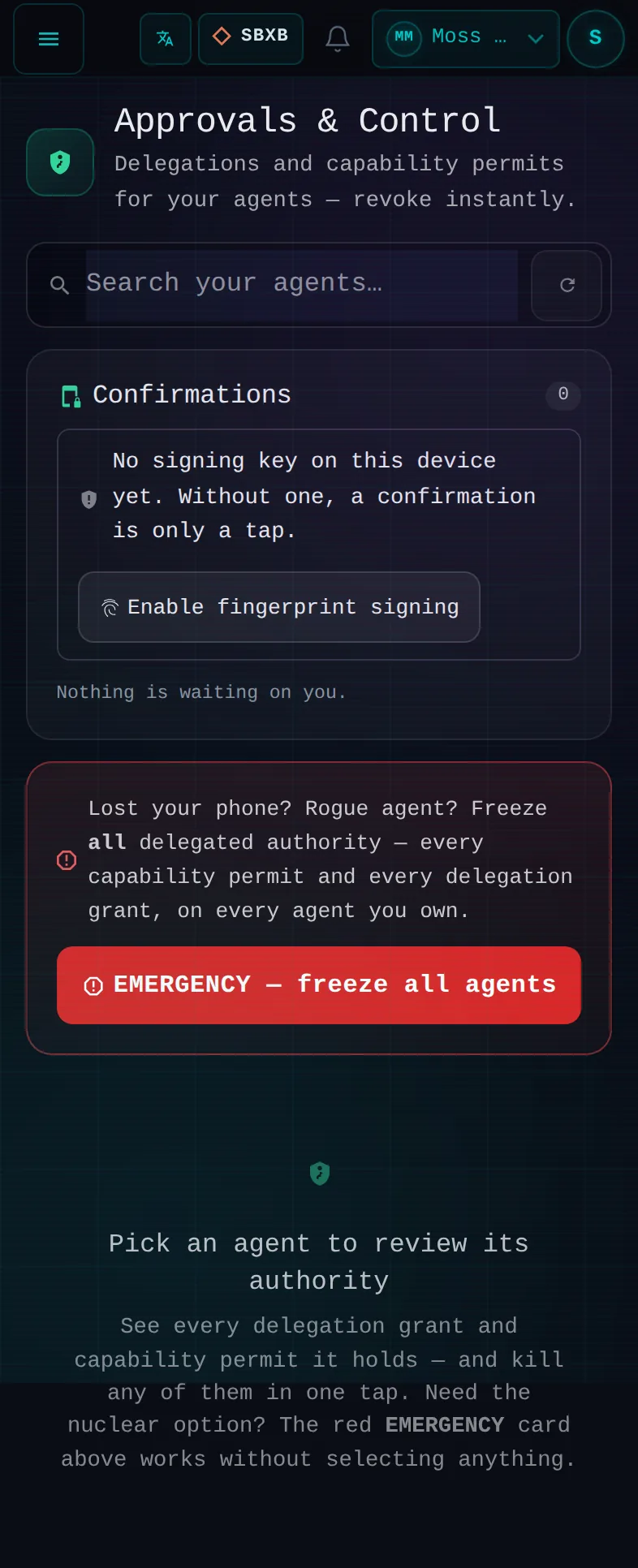 Approvals & Control: the whole page, in Pocket on a phone, acting as the trader Moss Mae on Sandbox Beta, a test frame; testing data.