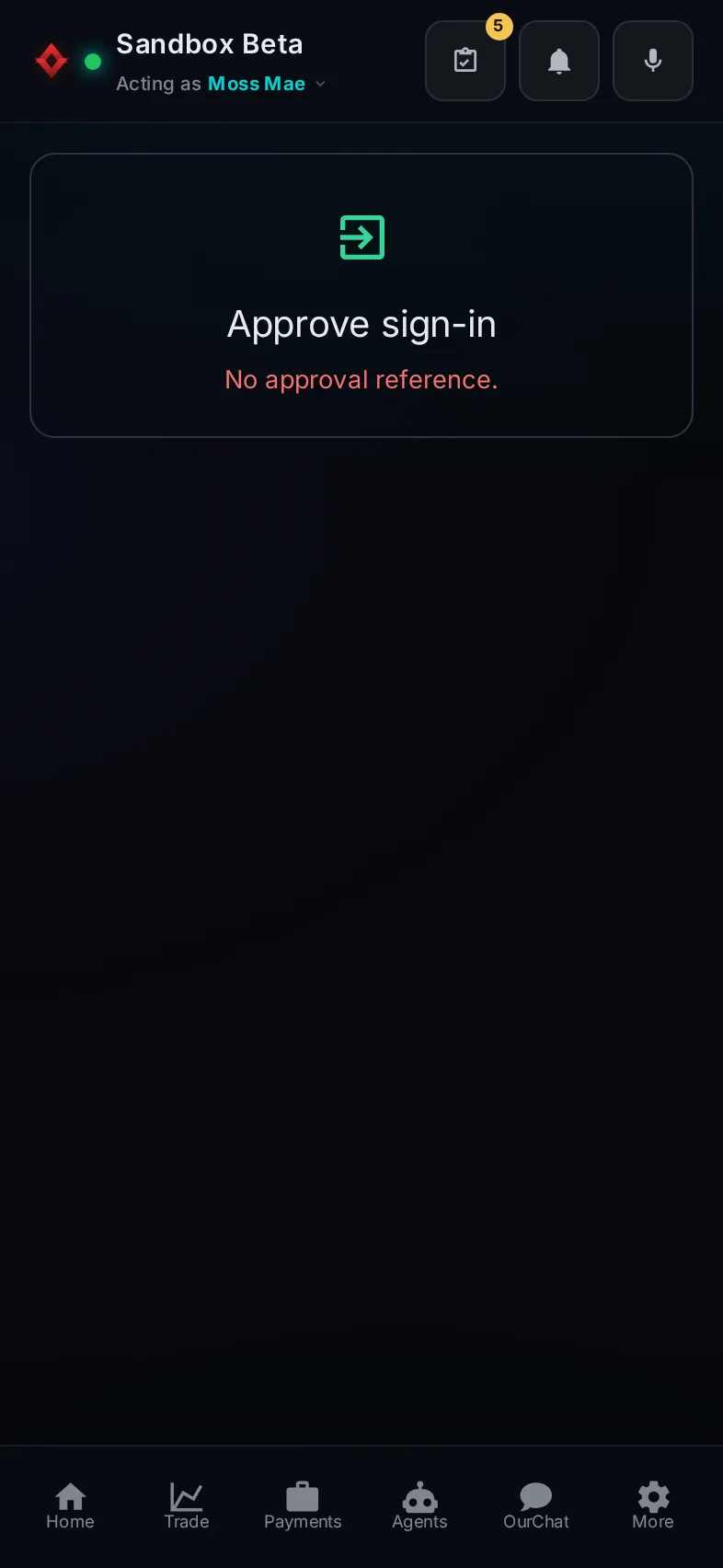 Pocket, Approve a sign-in: the whole page, in Pocket on a phone, acting as the trader Moss Mae on Sandbox Beta, a test frame; testing data.
