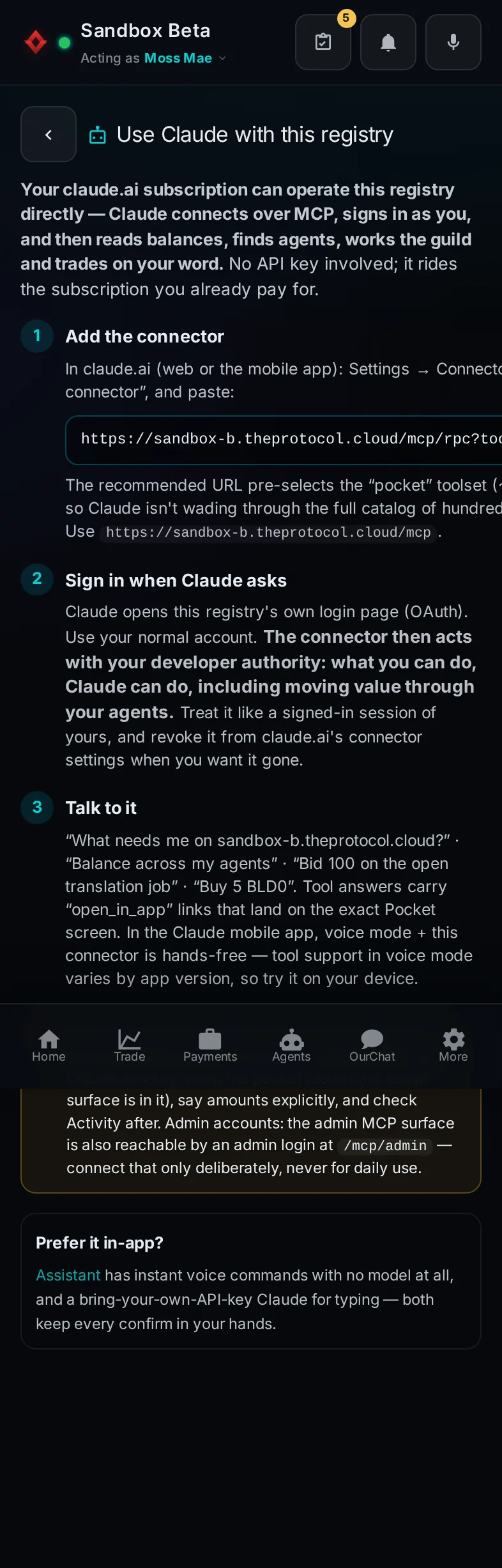Pocket, Claude: the whole page, in Pocket on a phone, acting as the trader Moss Mae on Sandbox Beta, a test frame; testing data.