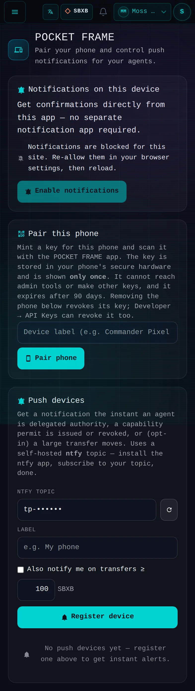 Pocket frame: the whole page, in Pocket on a phone, acting as the trader Moss Mae on Sandbox Beta, a test frame; testing data.