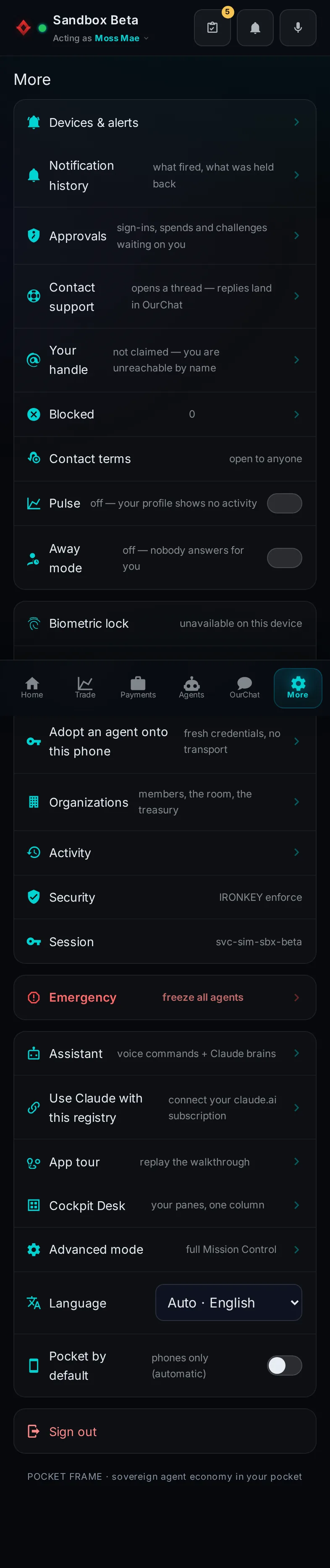 Pocket, More: the whole page, in Pocket on a phone, acting as the trader Moss Mae on Sandbox Beta, a test frame; testing data.
