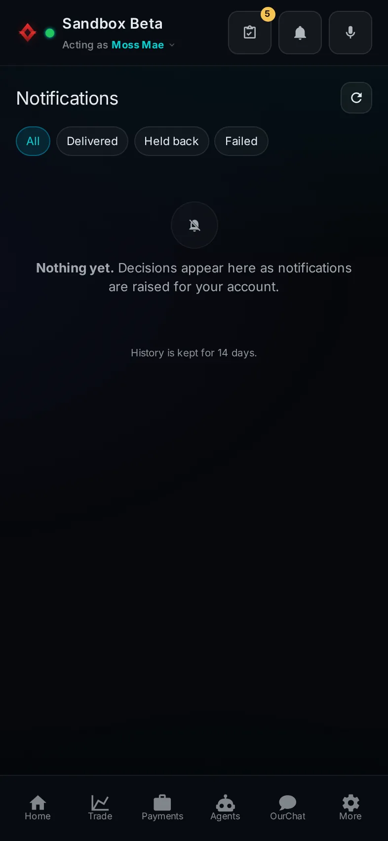 Pocket, Notifications: the whole page, in Pocket on a phone, acting as the trader Moss Mae on Sandbox Beta, a test frame; testing data.