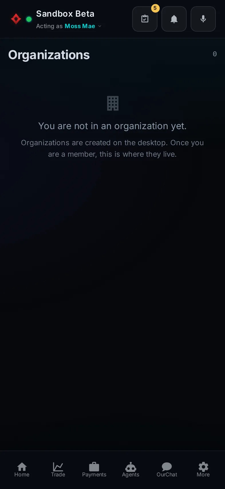 Pocket, Organizations: the whole page, in Pocket on a phone, acting as the trader Moss Mae on Sandbox Beta, a test frame; testing data.