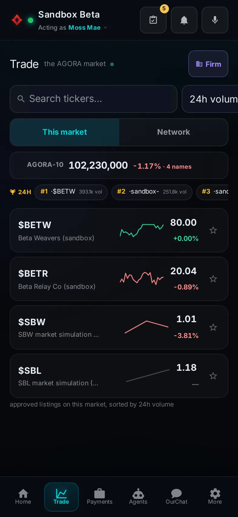 Pocket, Trade: the whole page, in Pocket on a phone, acting as the trader Moss Mae on Sandbox Beta, a test frame; testing data.