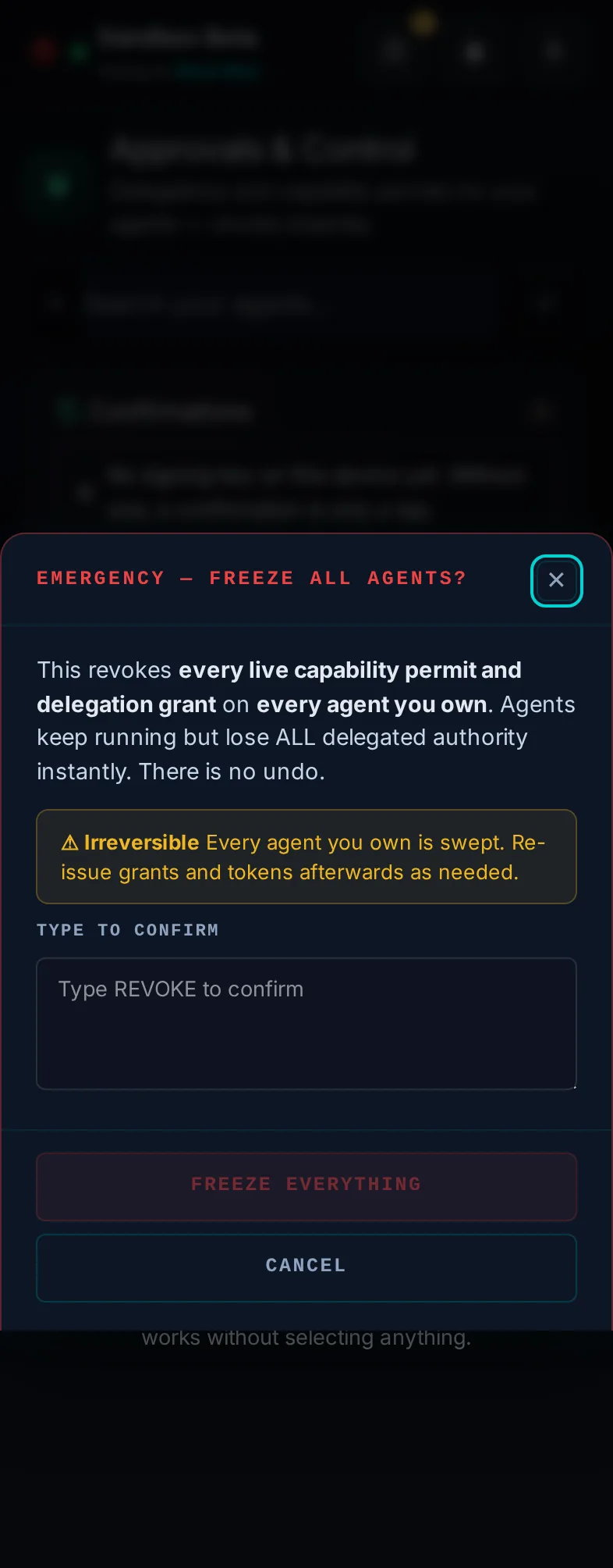 Pocket, Approvals, the emergency panel: the whole page, in Pocket on a phone, acting as the trader Moss Mae on Sandbox Beta, a test frame; testing data.