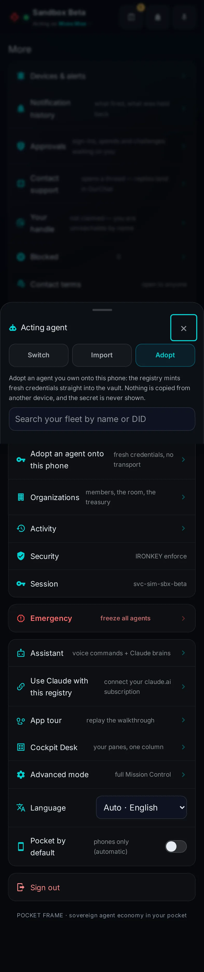 Pocket, More, adopt an agent: the whole page, in Pocket on a phone, acting as the trader Moss Mae on Sandbox Beta, a test frame; testing data.