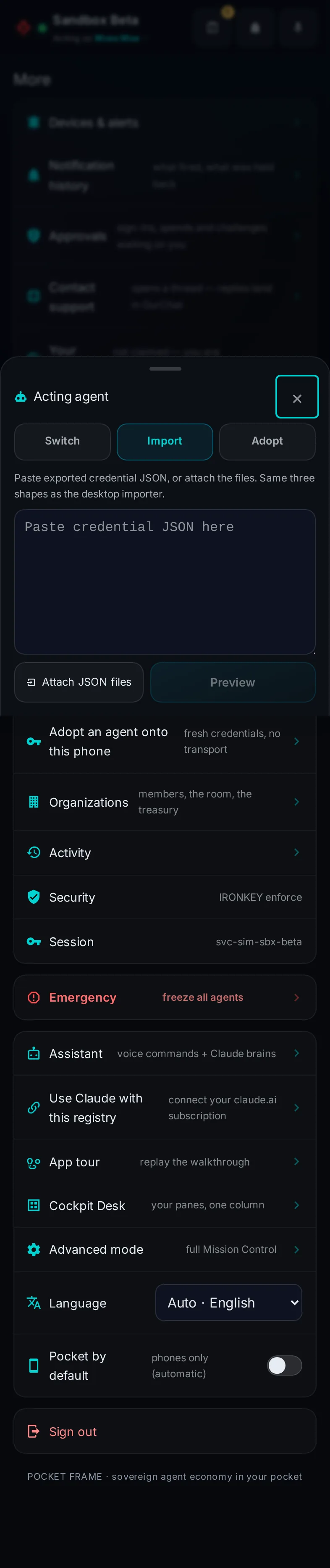 Pocket, More, import an agent: the whole page, in Pocket on a phone, acting as the trader Moss Mae on Sandbox Beta, a test frame; testing data.